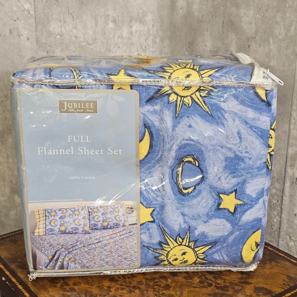 Vintage Jubilee Celestial Sun Moon Flannel Sheet Set Full Cotton‎ Y2K NOS Whimsy